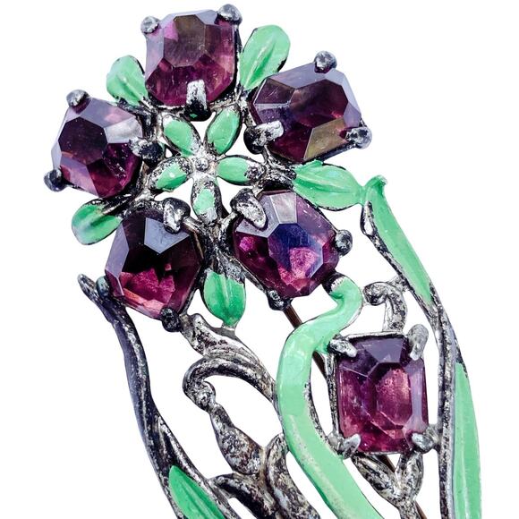 Vintage 1930s Floral Bouquet Brooch Purple Glass Enamel Pot Metal Jewelry Pin - Picture 7 of 15